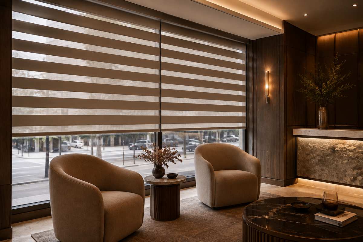 Zebra blinds in a retail and hospitality interior