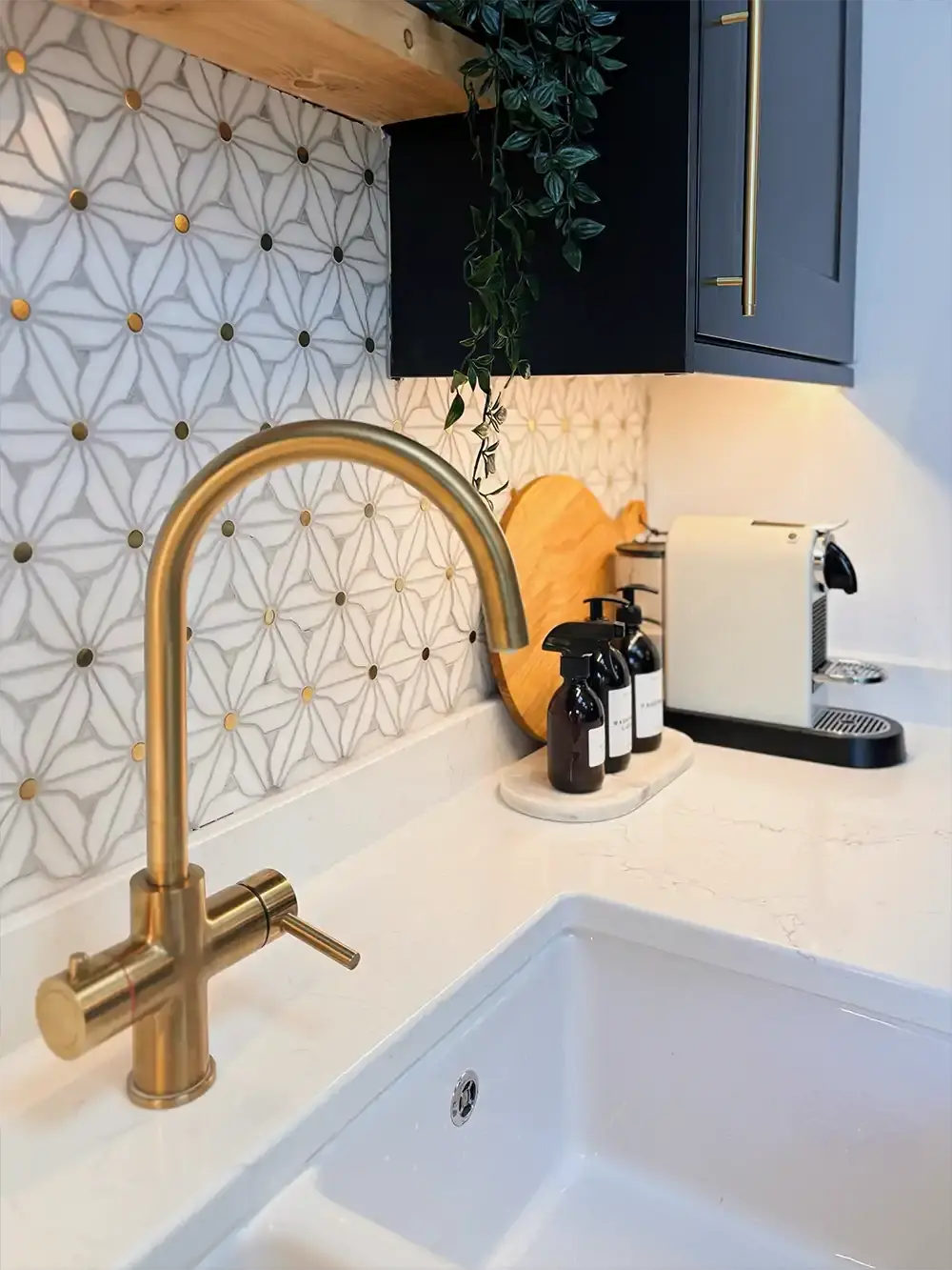 Peel stick mosaic tile by Luxworld, modern geometric design in neutral tones, ideal for wall or surface decoration.
