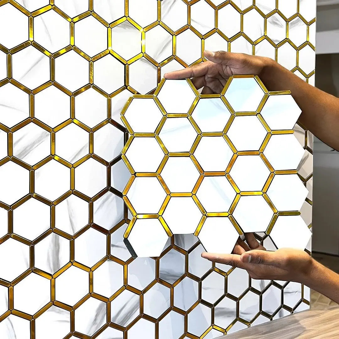 Peel stick mosaic tile in neutral tones, LUXWORLD MOS-JS-005-1, for wall or backsplash decoration, shown in close-up image.