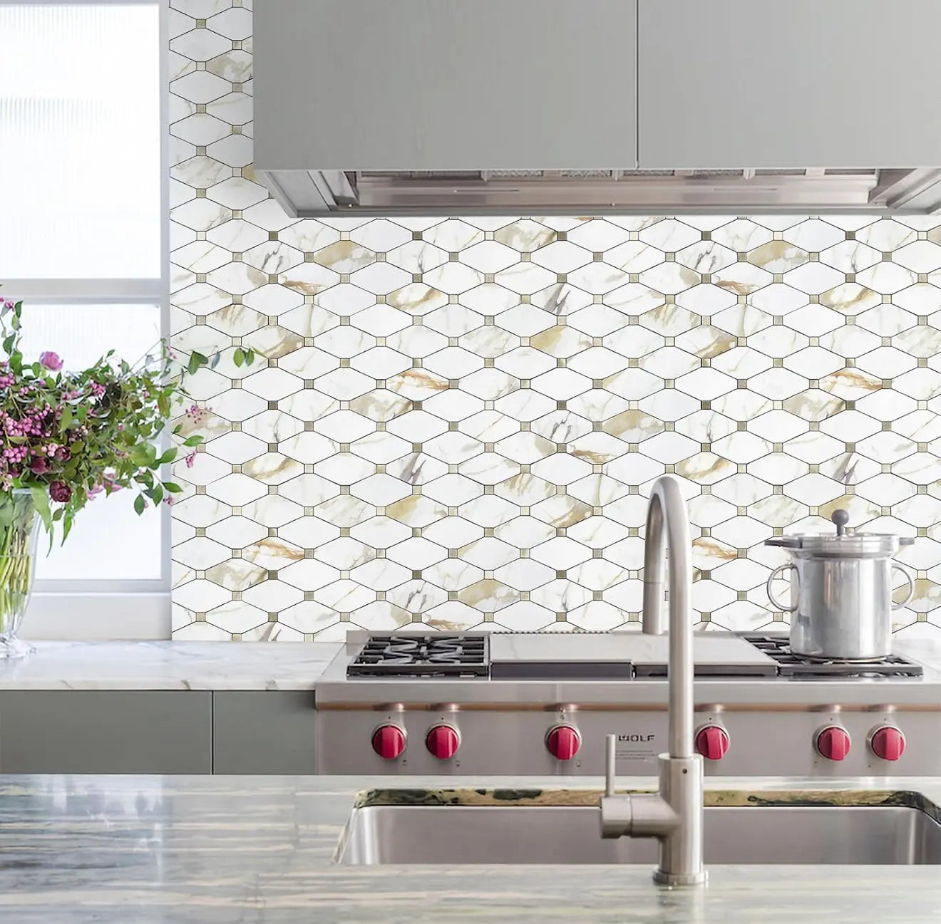 Peel stick mosaic tile by LuxWorld with colorful, square mosaic pattern for wall or backsplash decoration.