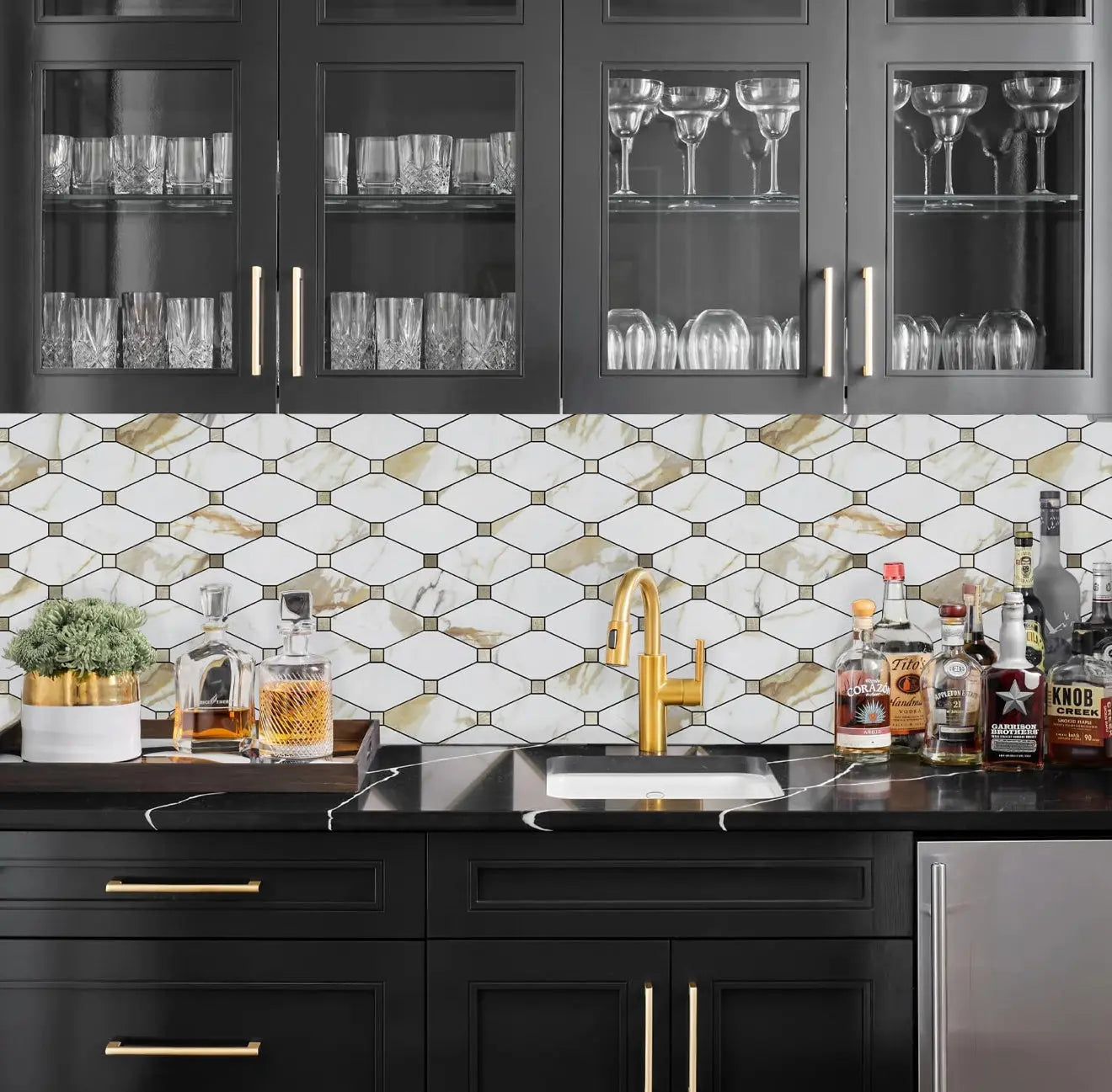 Peel stick mosaic tile from LuxWorld, featuring a colorful geometric pattern for wall or backsplash decor.