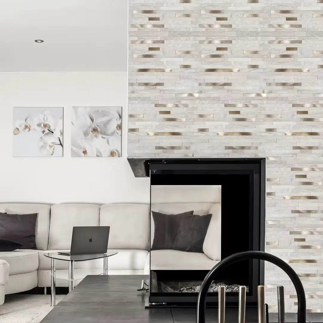 Gold peel stick mosaic tile from LuxWorld, showcasing a close-up of the textured, adhesive-backed mosaic design.