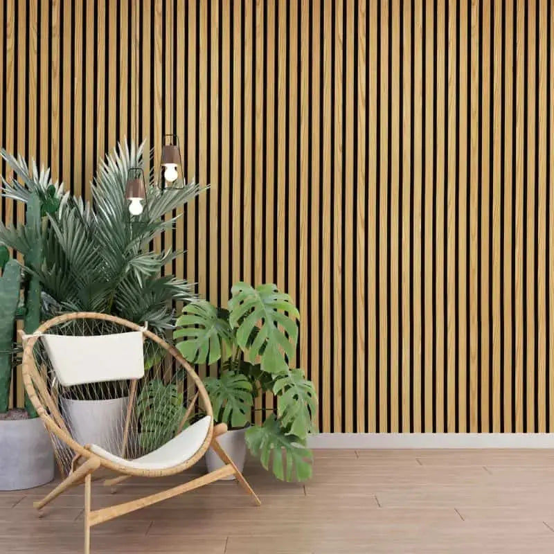 Acoustic wall panels in teak finish by LUXWORLD, wall cladding with natural wood grain texture, 2700mm x 520mm.