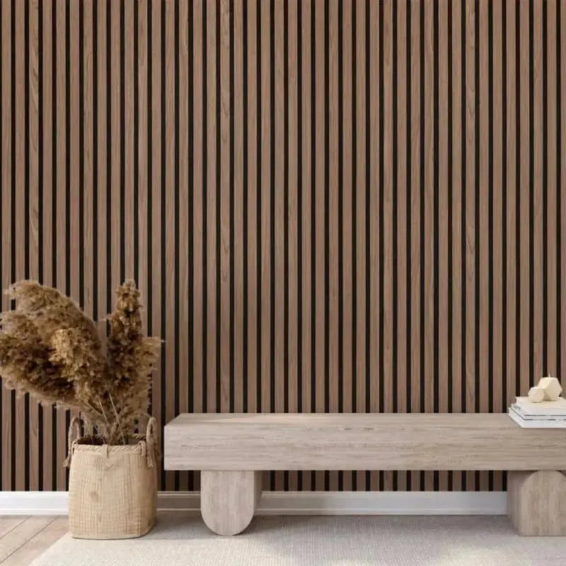 Acoustic wall panels in walnut finish by LUXWORLD, wall cladding with 2700mm x 520mm dimensions, showcasing textured wood grain.