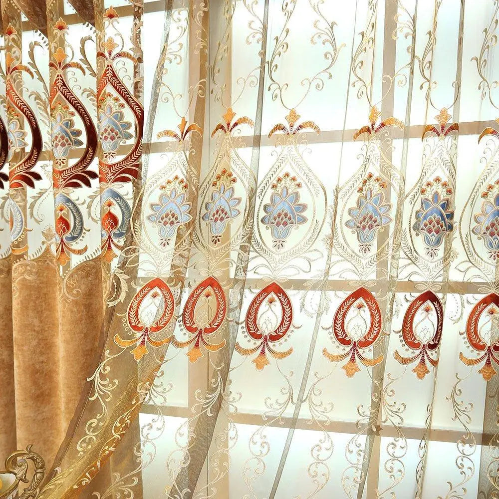 Close detail of embroidered curtain threadwork