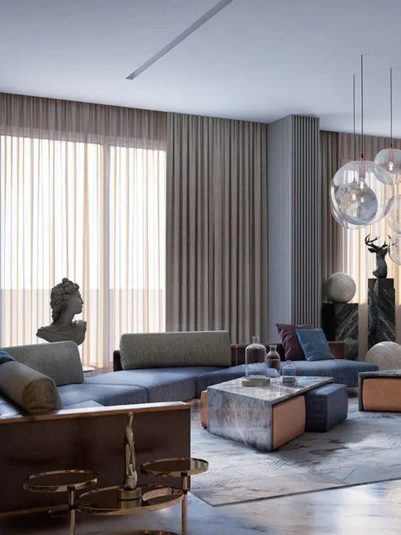 Layered sheer and blackout curtains on a double track