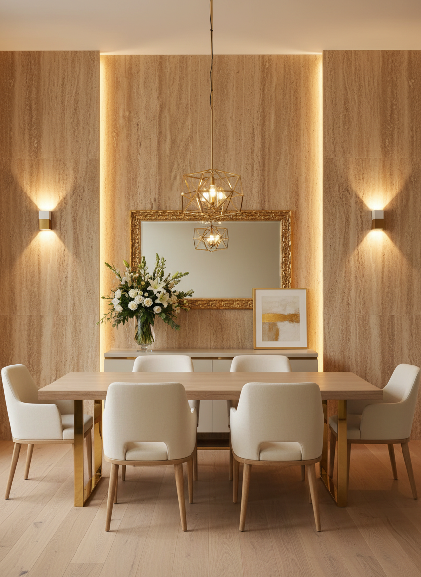 Dining room with wooden table, white chairs, and decorative elements.