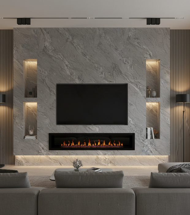 Modern living room with a gray marble wall featuring a television and electric fireplace.