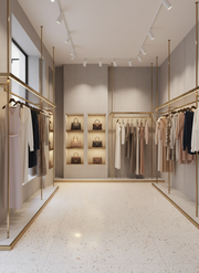 Modern clothing store interior with racks and shelves displaying clothes and bags.