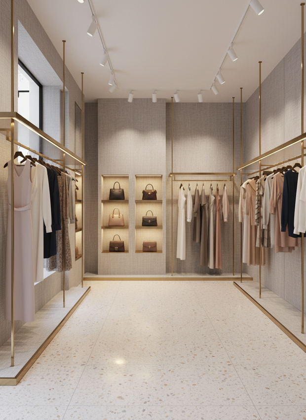 Modern clothing store interior with racks and shelves displaying clothes and bags.