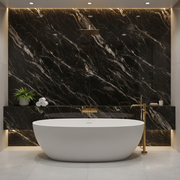 Modern bathroom with a white freestanding bathtub against a black marble wall.