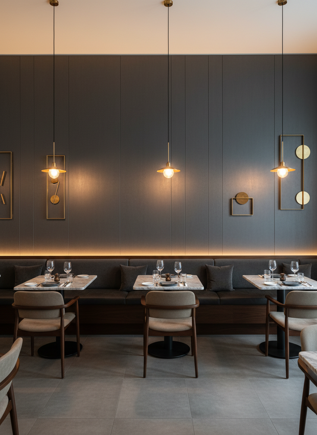 Modern restaurant interior with tables, chairs, and pendant lights.