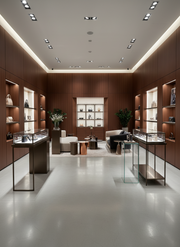 Modern interior design showroom with wooden walls, shelves, and display cases.