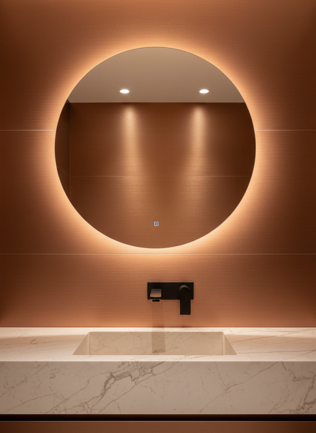 Round illuminated mirror on a wall with a sink below in a bathroom setting.