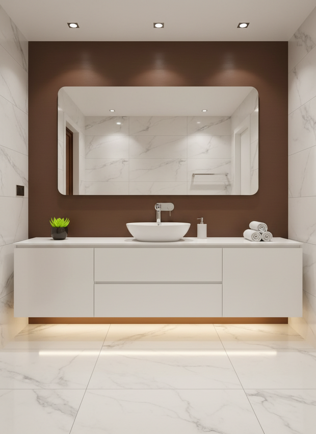 Modern bathroom with white vanity, sink, and large mirror on a brown wall.