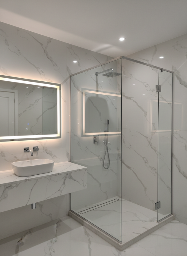 Modern bathroom with marble walls, a shower, and sink.