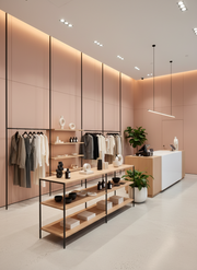 Modern clothing store interior with wooden shelves and pink walls.