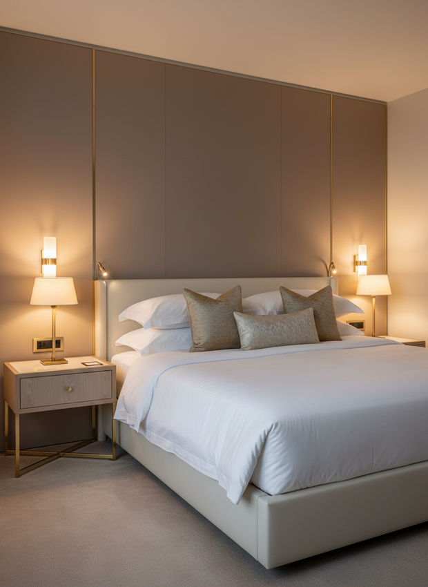 Modern bedroom with a large bed, nightstands, and lamps.