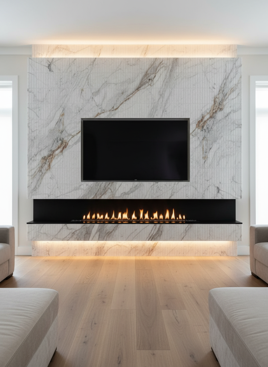 Modern living room with a marble wall, TV, and electric fireplace.