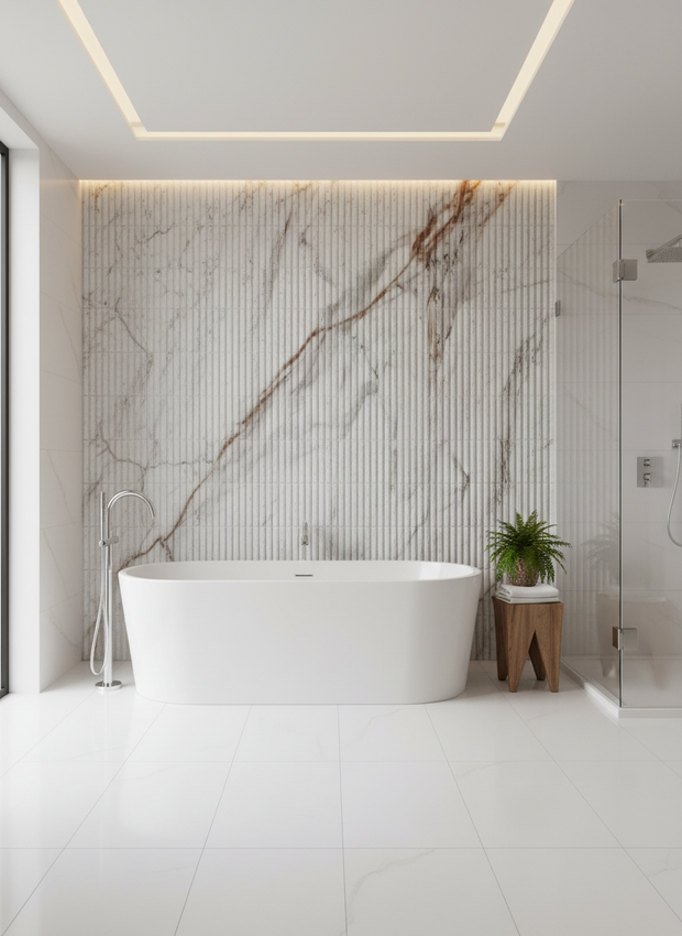 Modern bathroom with a freestanding bathtub against a marble wall.