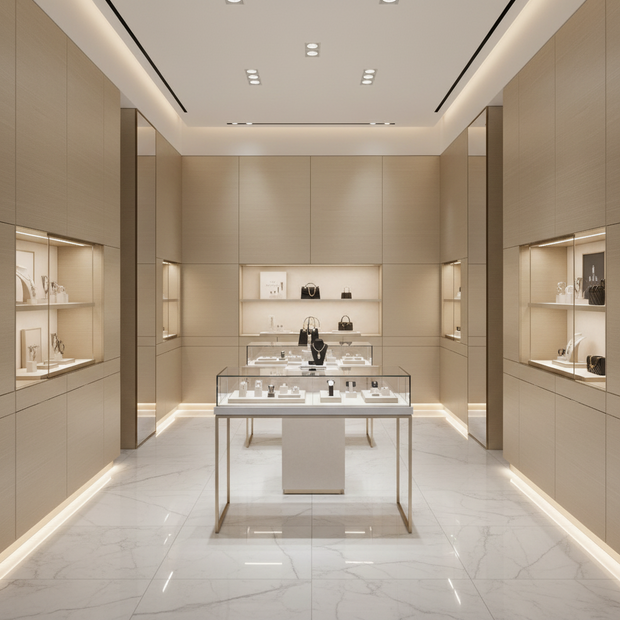 Modern interior with a display table in a high-end store setting