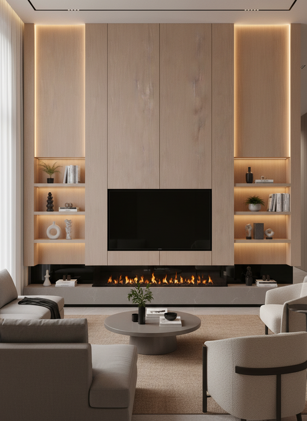 Modern living room with a fireplace and shelves