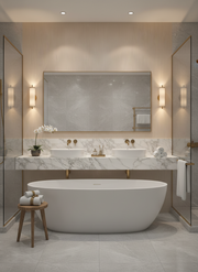 Modern bathroom with a freestanding bathtub, marble countertop, and large mirror.