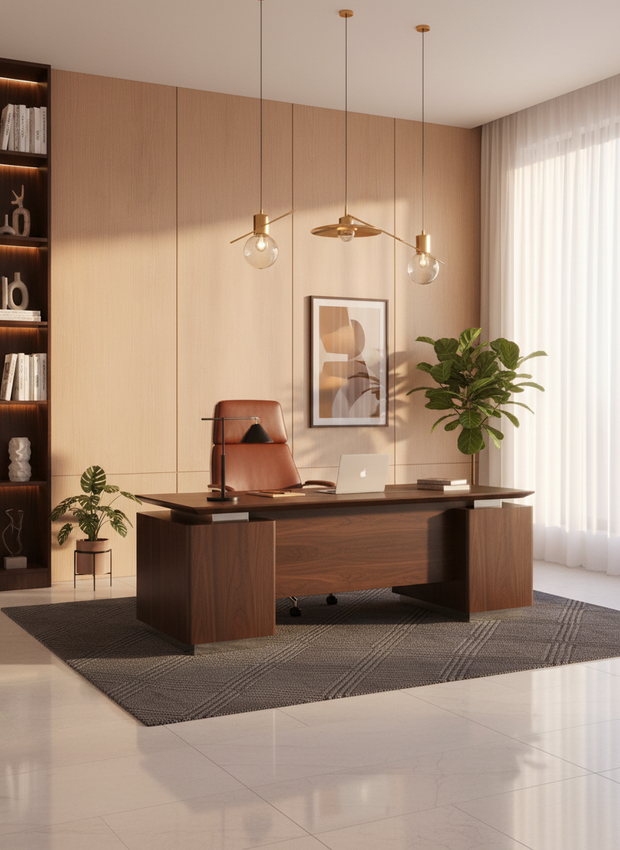 Modern office desk with leather chair in a well-lit room with plants and decor.