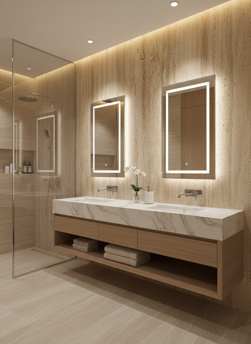 Modern bathroom with wooden vanity, mirrors, and lighting fixtures.