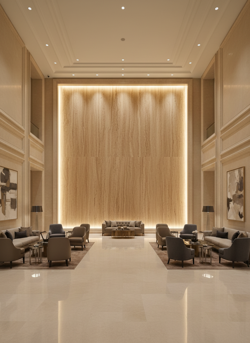 Luxurious interior of a hotel lobby with modern furniture and a large wall art piece.