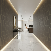Modern hallway with decorative wall patterns and a well-lit interior.