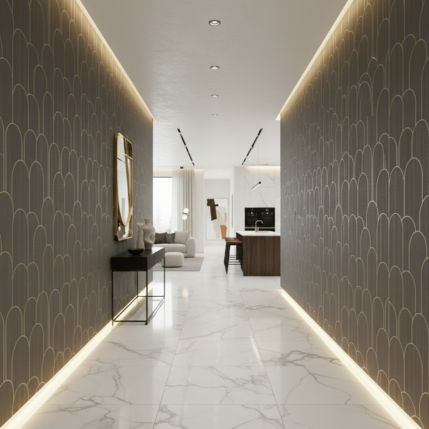 Modern hallway with decorative wall patterns and a well-lit interior.