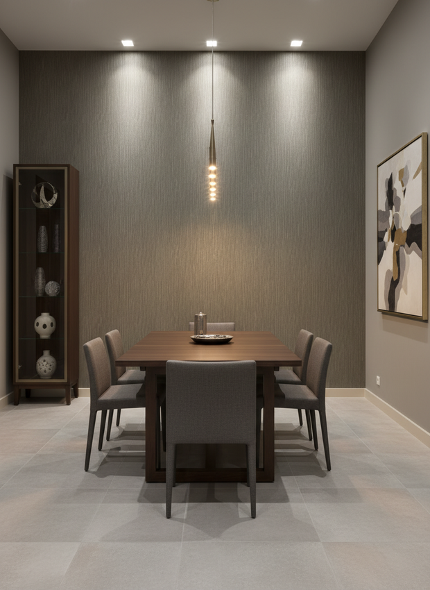 Modern dining room with wooden table and gray chairs against a gray wall.