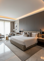 Modern bedroom with a large bed, side tables, and decor.