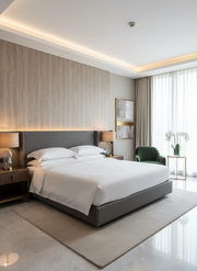 Modern bedroom with a bed, nightstands, and decor