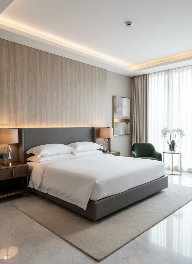 Modern bedroom with a bed, nightstands, and decor