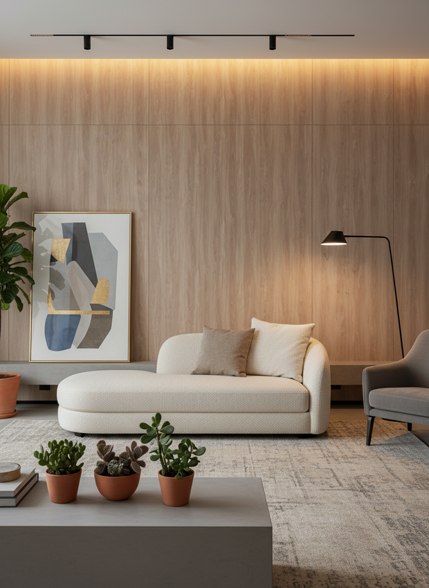 Modern living room with a white sofa, coffee table with plants, and abstract art on a wooden wall.