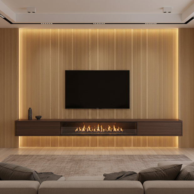 Modern living room with a television mounted on a wooden wall above a fireplace.