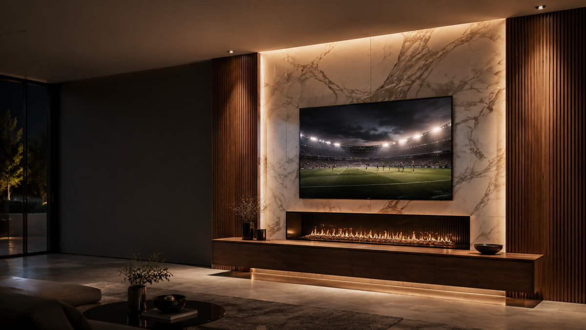Luxury media wall unit with floating TV cabinet and electric fireplace by LUXWORLD Perth