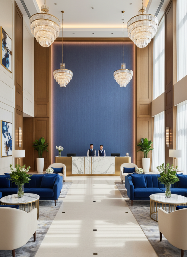 Luxurious hotel lobby with blue sofas, marble reception desk, and chandeliers.