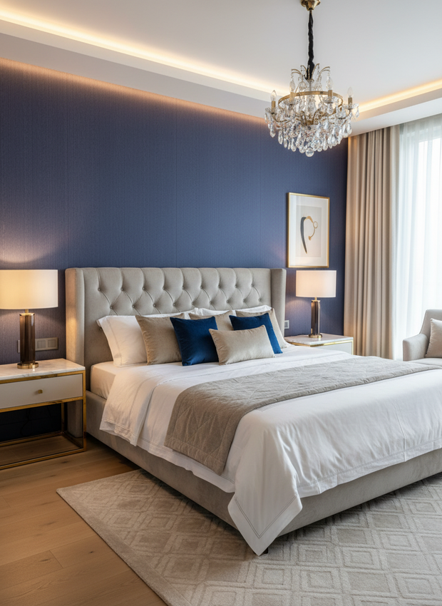 Modern bedroom with a large bed, blue walls, and decorative lighting.
