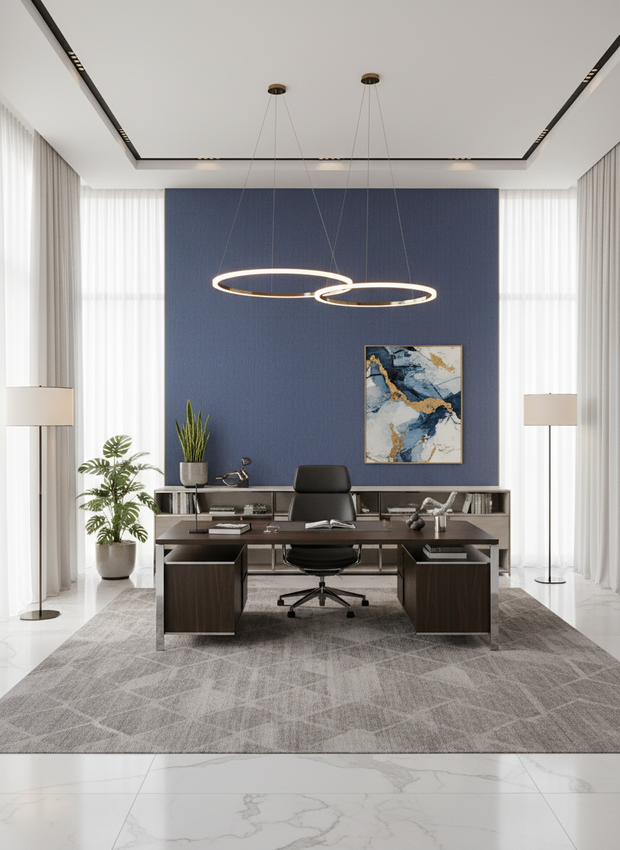 Modern office interior with a large desk, chairs, and decorative elements.