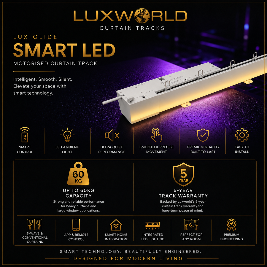 LUXWORLD Smart LED Motorised Curtain Track – WiFi-enabled motorised curtain track with integrated LED lighting, smart home control and ultra-quiet operation