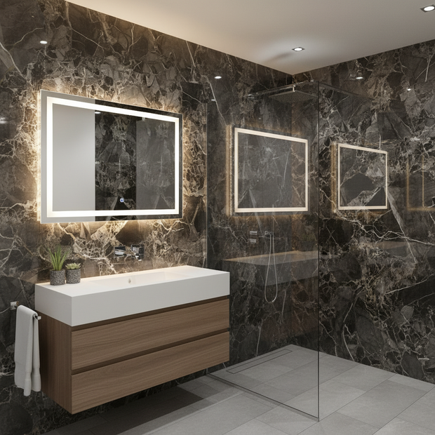 Modern bathroom with marble walls, wooden vanity, and glass shower enclosure.
