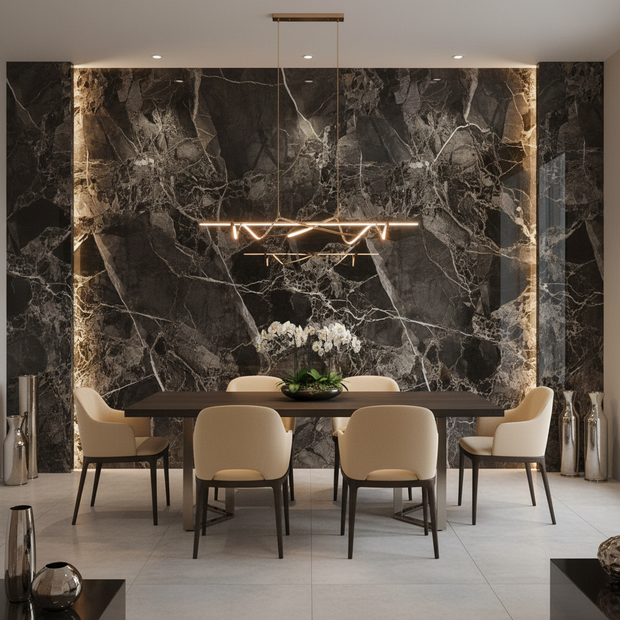 Modern dining room with marble wall and elegant chairs