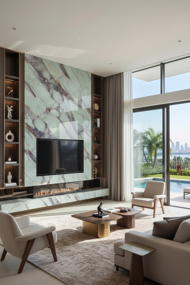 Modern living room with marble fireplace, TV, and large windows overlooking a pool and cityscape.