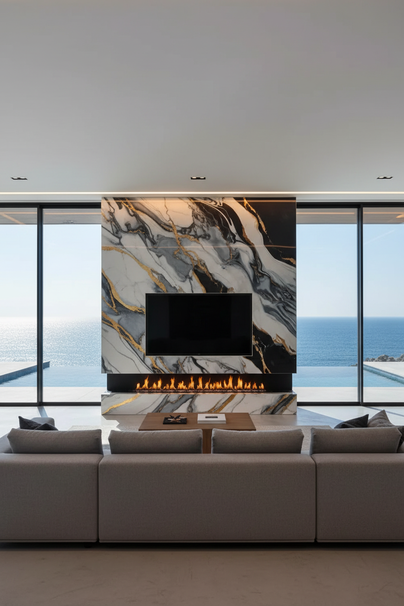 Modern living room with a large sofa, fireplace, and ocean view.