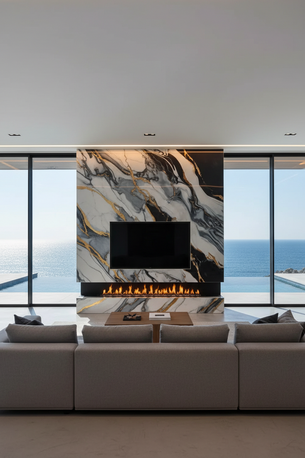 Modern living room with a large sofa, fireplace, and ocean view.