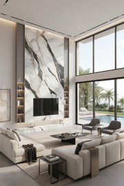 Modern living room with large windows, marble wall art, and a sectional sofa.