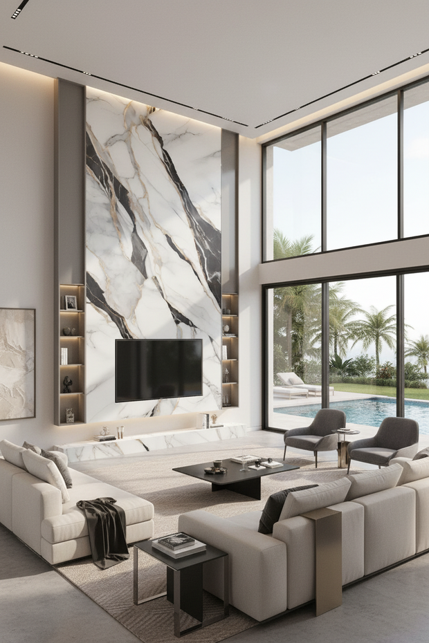 Modern living room with large windows, marble wall art, and a sectional sofa.